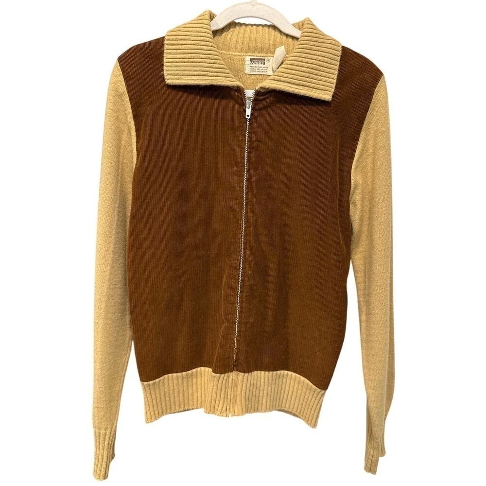 Montgomery Ward‎ Mens Vintage 70s Full Zip Cardigan Corduroy Small Brown Retro